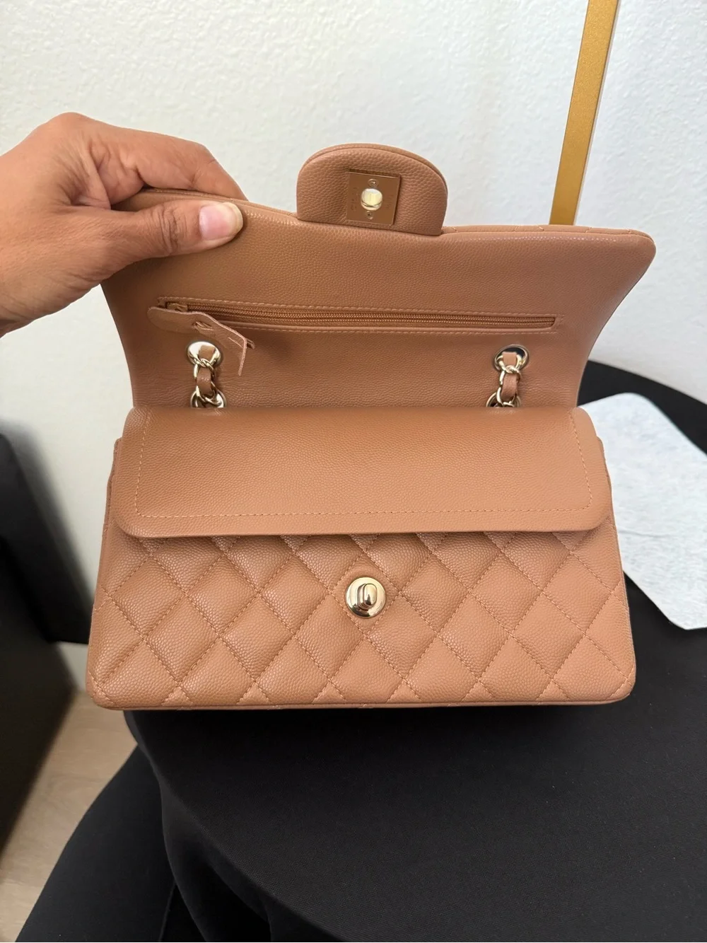 Chanel Quilted Caviar Classic small Double Flap bag in a caramel tone